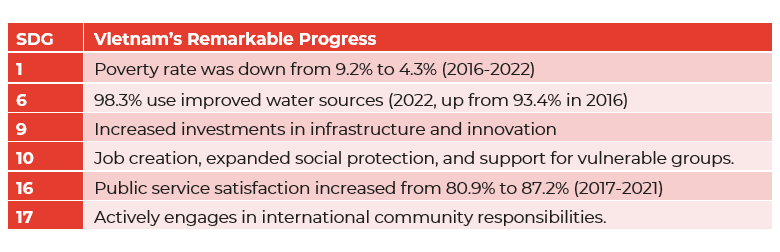 Table showing Vietnam SDG progress