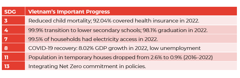 Table showing Vietnam SDG progress