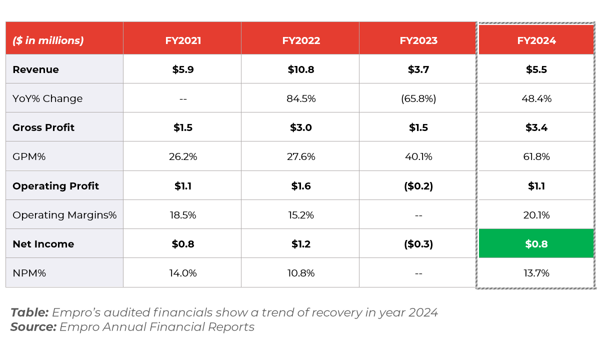 Table showing Empro’s audited financials